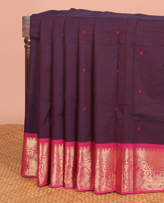 Burgundy Chettinad Cotton Saree Finely Designed with Buttas All Over Its Body, Highlighted  by a Contrast Traditional Zari Border of Peacock Designs, and a Pallu of Stripes and Buttas
