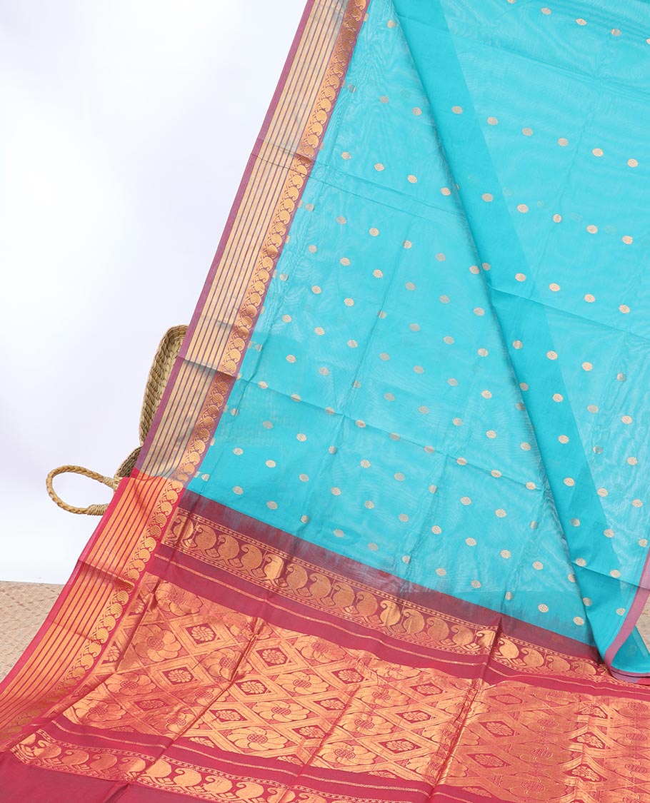 Blue buttas Vengatagiri cotton saree, contrast traditional zari design border & intricate pallu