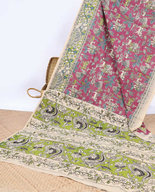 Pink uniquely machine-printed kalamkari cotton saree, contrast peacock border & intricate pallu