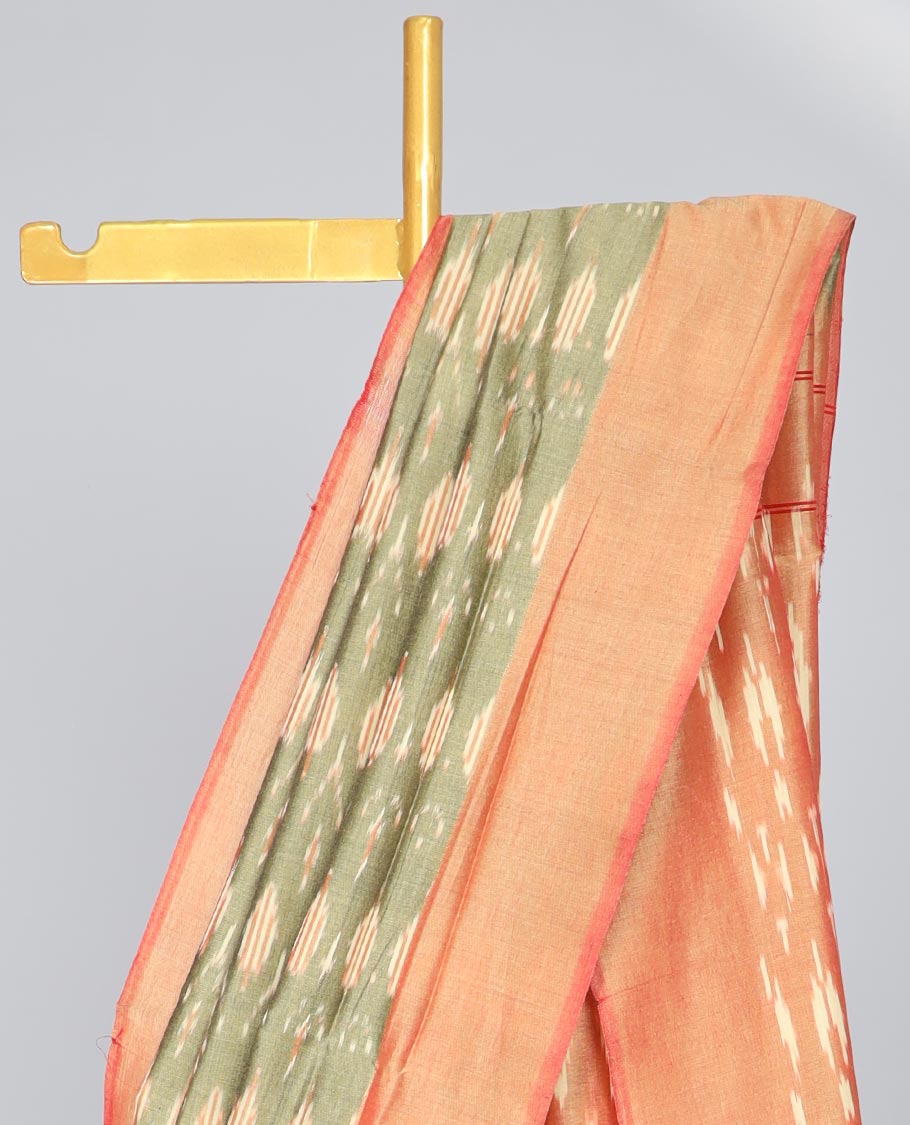 Green floral design ikkat cotton saree with contrast border & intricate design pallu
