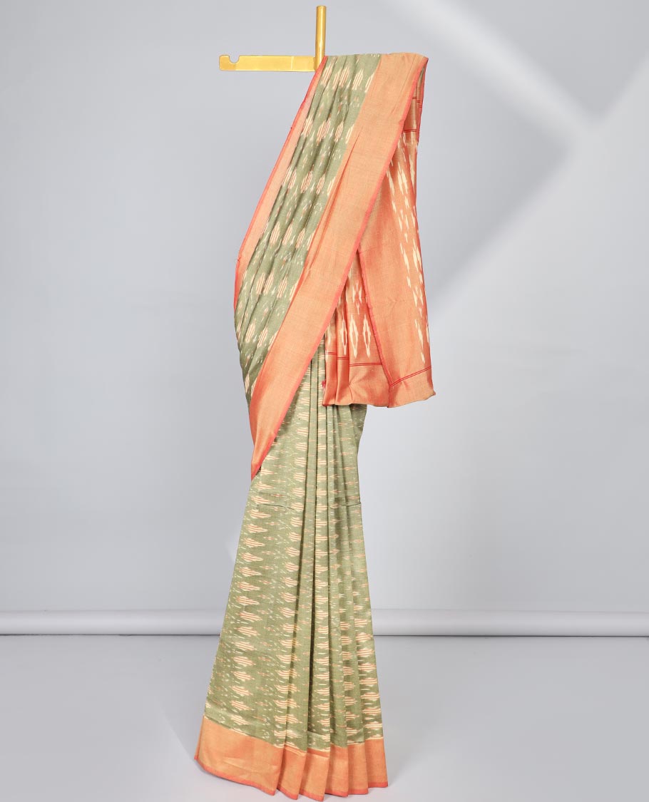 Green floral design ikkat cotton saree with contrast border & intricate design pallu