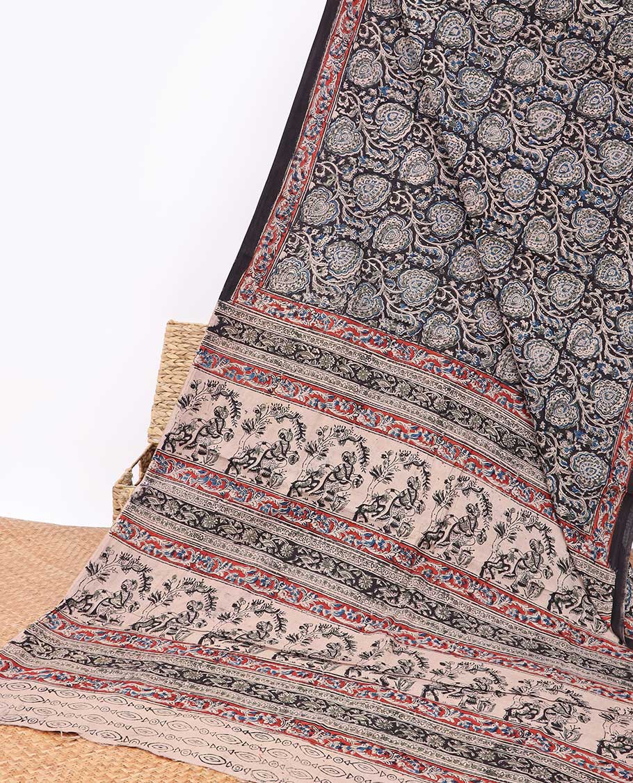 Black floral design machine-printed kalamkari cotton saree with contrast floral design border & floral design pallu