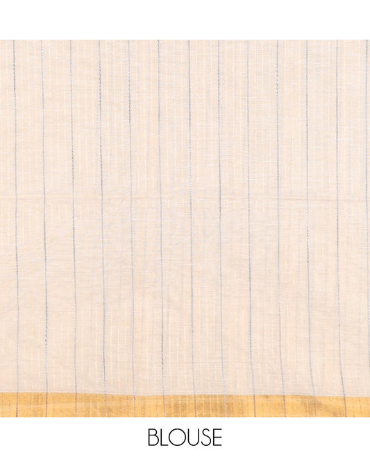 Cream plain jute cotton saree, zari border, and striped pallu