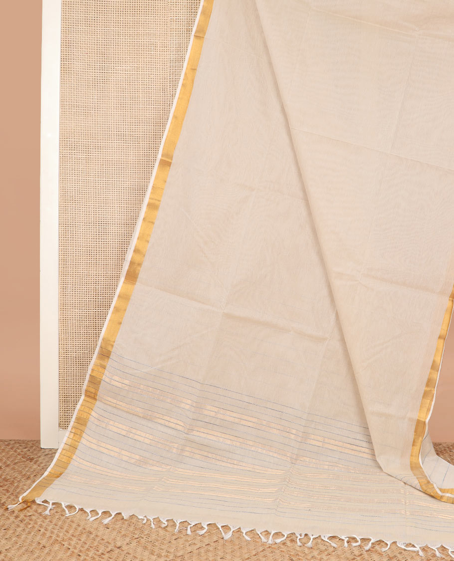 Cream plain jute cotton saree, zari border, and striped pallu