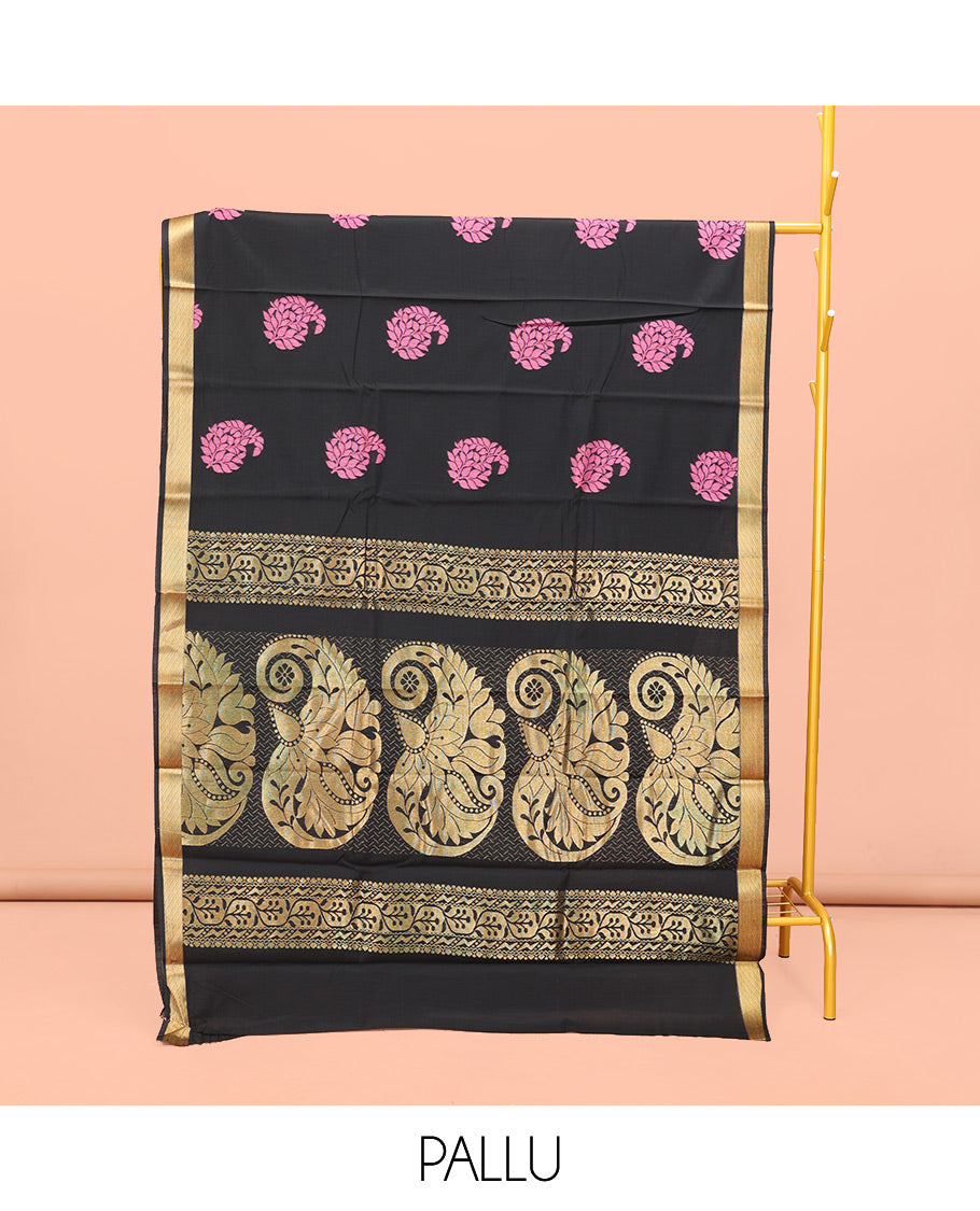 Black Semi-Silk Cotton Saree, Elevated with Paisley Zari Buttas All Over Its Body, Highlighted by a Zari Border, Pallu of Floral and Paisley Design, and Paired with a Matching Blouse