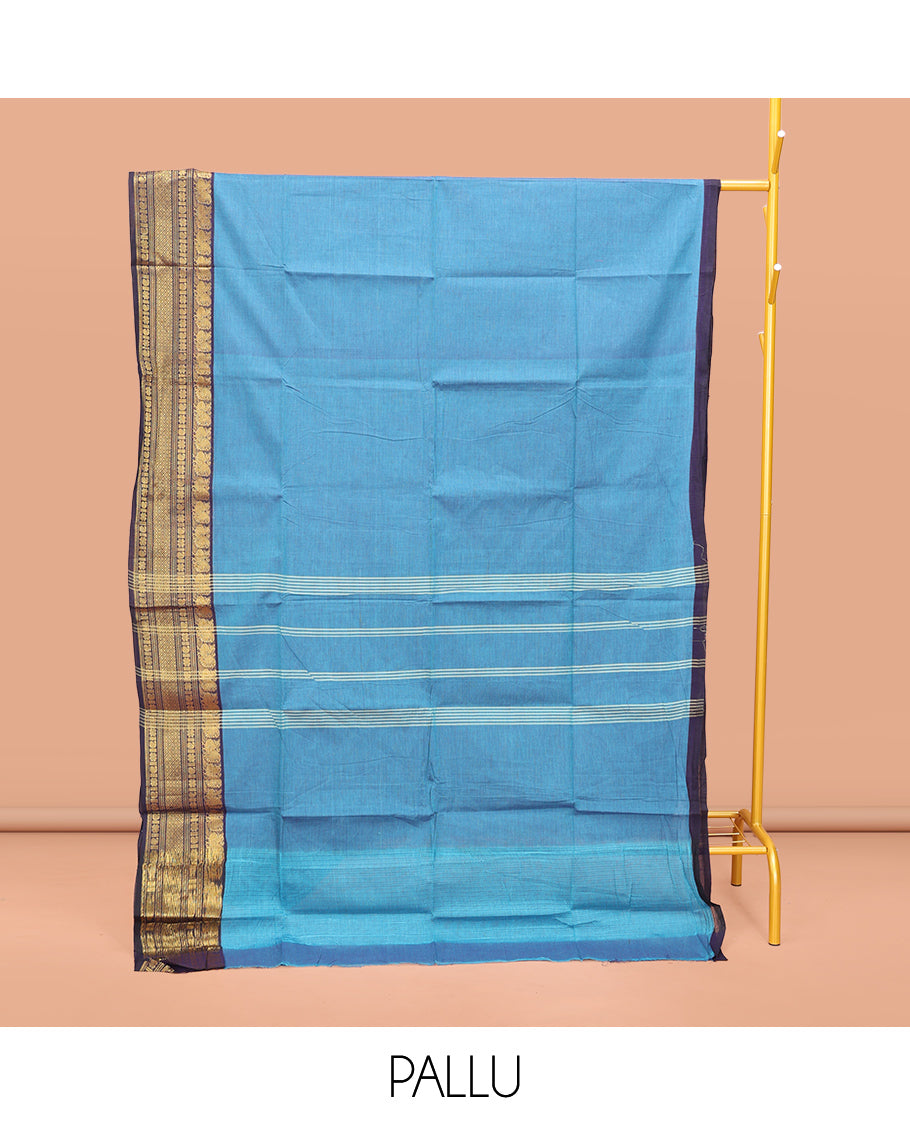 Blue Plain Chettinad Cotton Saree, Complemented by a Contrast Traditional Zari Design Border, Pallu of Stripes, and Paired with a Matching Blouse
