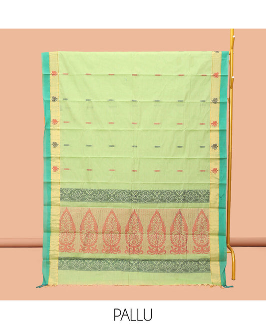 Green Kanchi Cotton Saree, Adorned with Buttas, Complemented by a Contrast Border, Intricate Pallu, and a Matching Blouse
