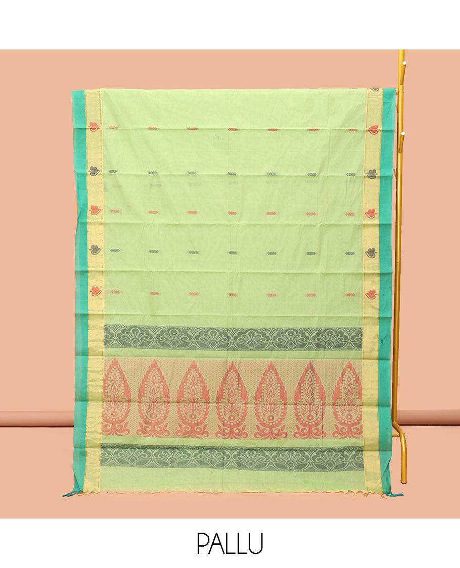 Green Kanchi Cotton Saree, Adorned with Buttas, Complemented by a Contrast Border, Intricate Pallu, and a Matching Blouse