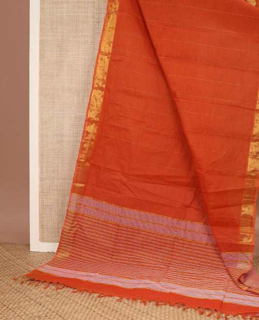 Orange vertical & horizontal striped jute cotton saree, golden zari border & striped pallu