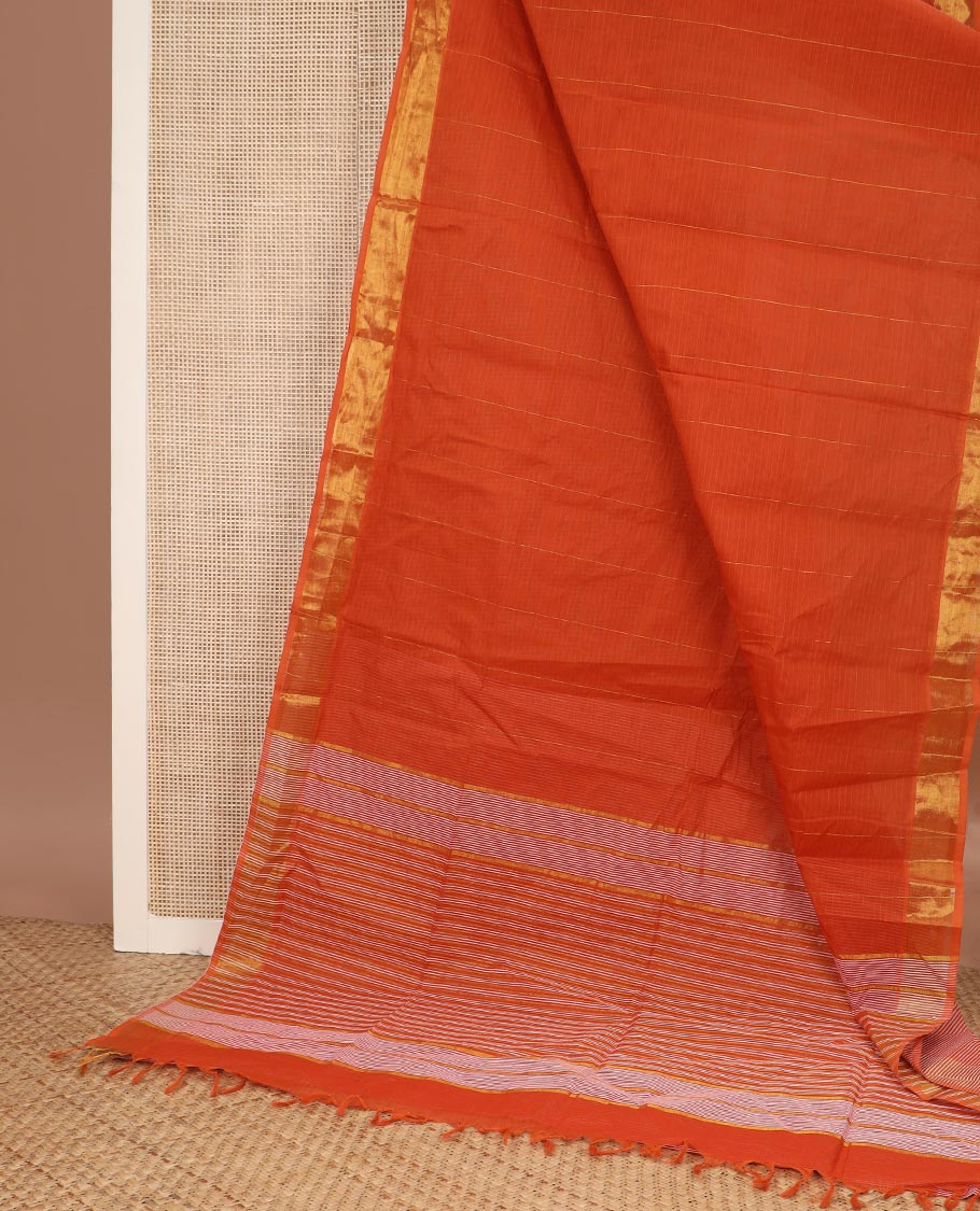 Orange vertical & horizontal striped jute cotton saree, golden zari border & striped pallu