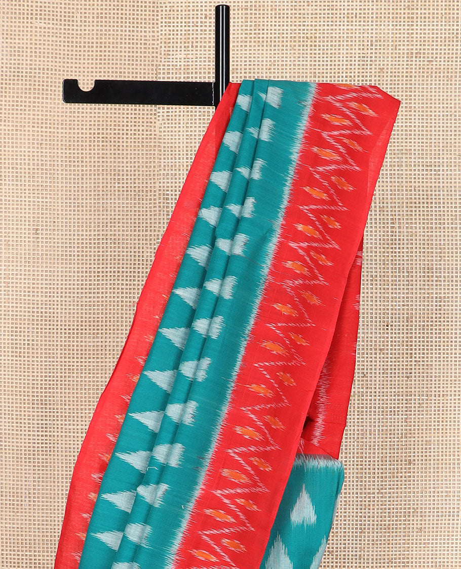 Green-base unique motifs ikkat cotton saree, contrast ikkat chevron border & pallu of chevron designs
