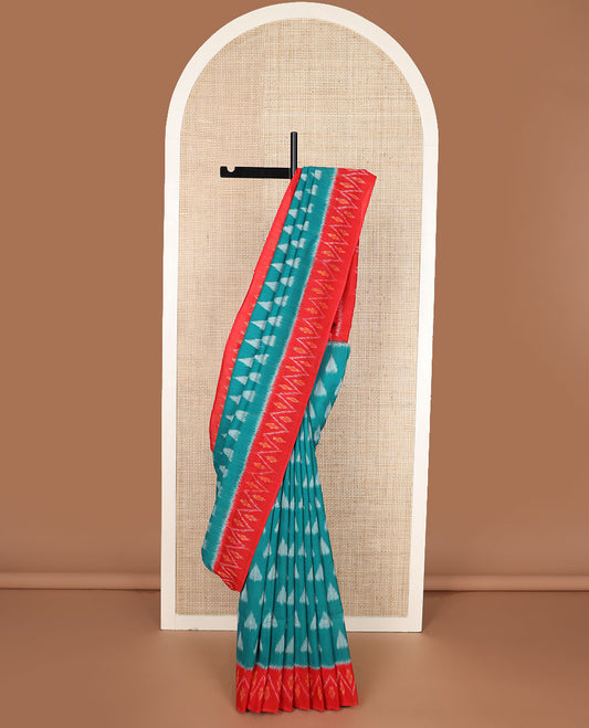 Green-base unique motifs ikkat cotton saree, contrast ikkat chevron border & pallu of chevron designs