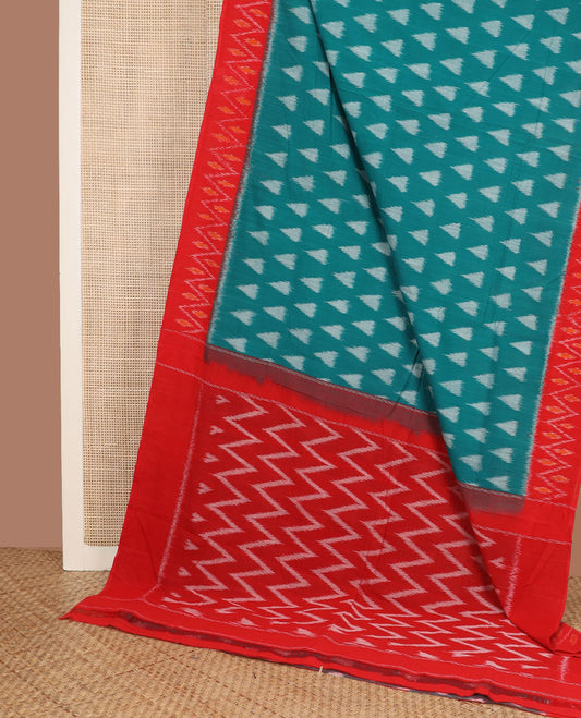 Green-base unique motifs ikkat cotton saree, contrast ikkat chevron border & pallu of chevron designs
