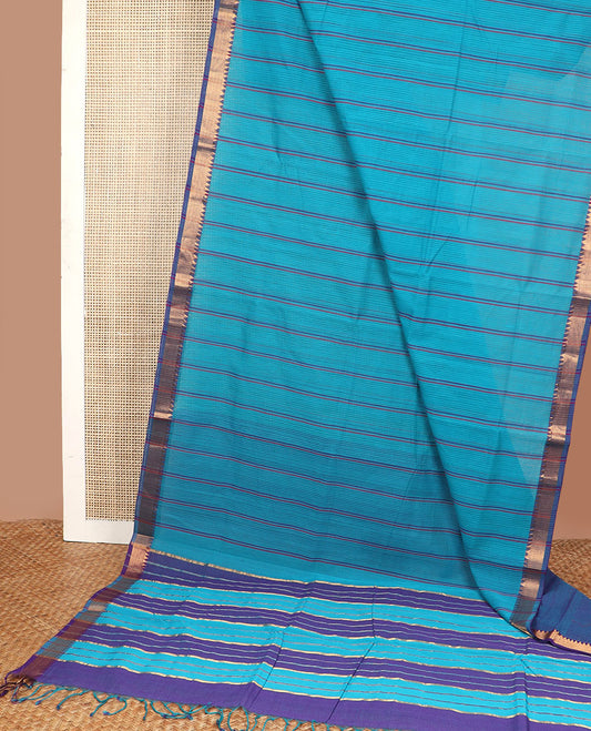 Blue striped vankatagiri cotton saree with contrast zari design border & pallu of stripes