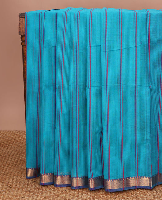 Blue striped vankatagiri cotton saree with contrast zari design border & pallu of stripes