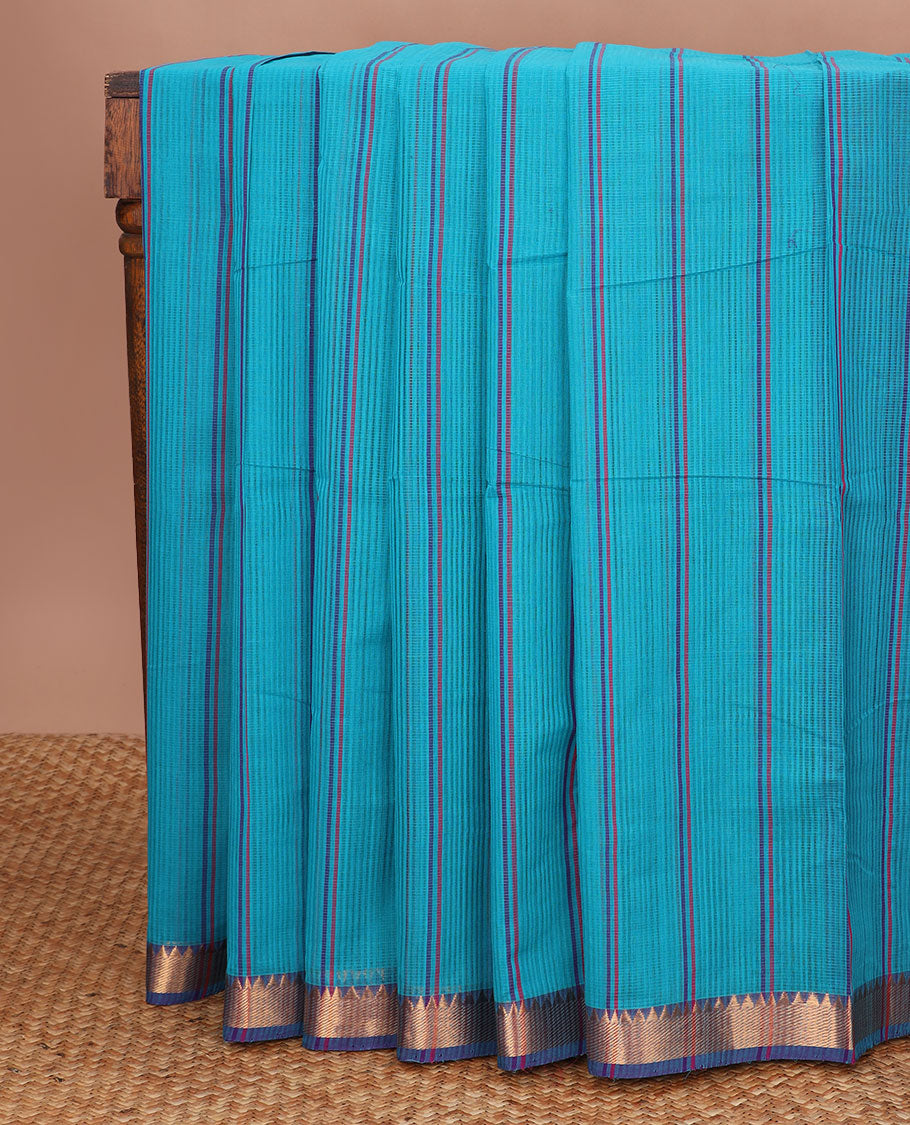 Blue striped vankatagiri cotton saree with contrast zari design border & pallu of stripes