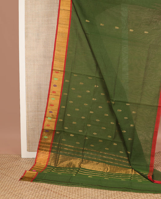 Olive green buttas Venkatagiri cotton saree, contrast meena buttas zari border & pallu of zari stripes