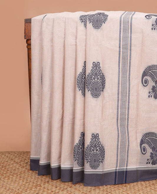 Sandal buttas kanchi cotton saree, contrast border and paisley motif pallu