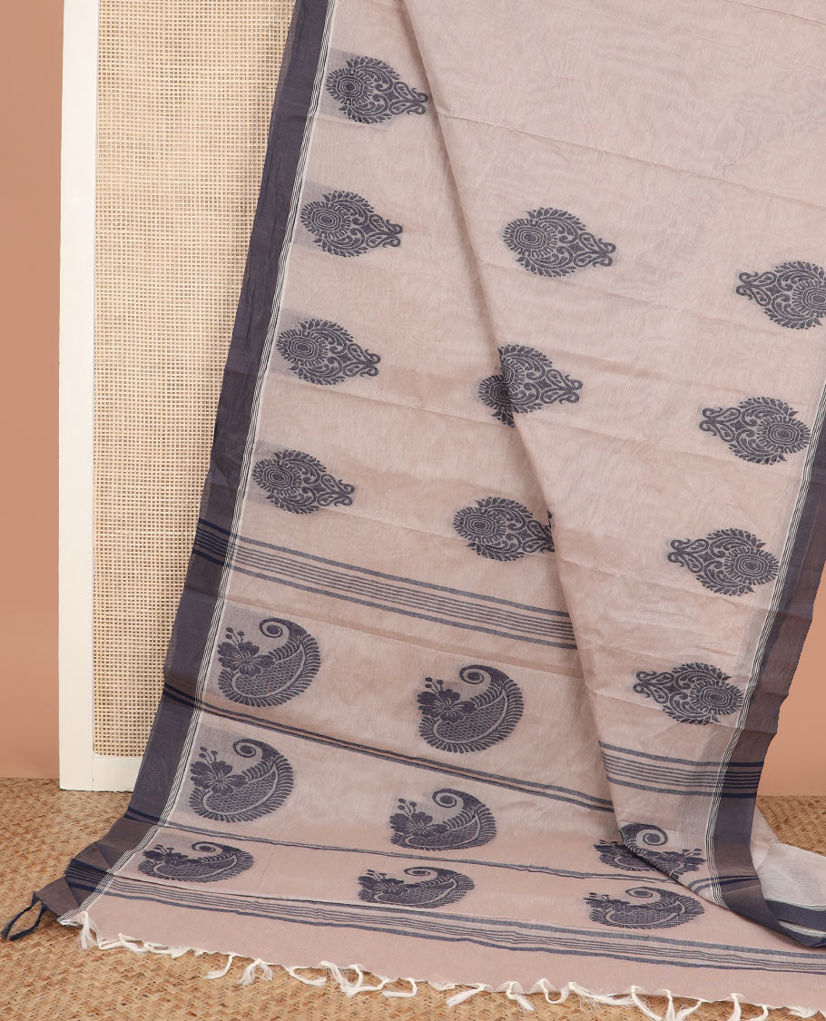 Sandal buttas kanchi cotton saree, contrast border and paisley motif pallu