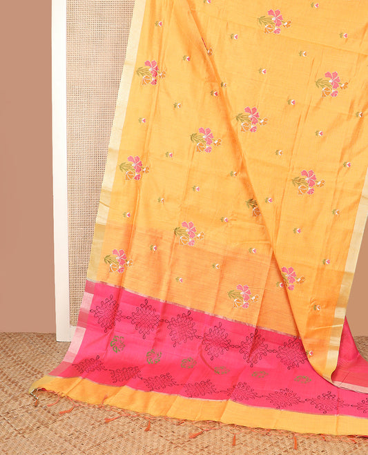Mango yellow floral thread embroidered Chirala cotton saree, bavanji border, and kolam motif pallu