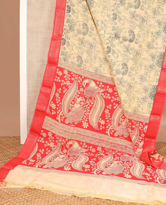 Light sandal flora-fauna motifs machine printed kalamkari cotton saree, contrast traditional zari border, and pallu of peacock print