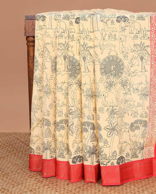 Light sandal flora-fauna motifs machine printed kalamkari cotton saree, contrast traditional zari border, and pallu of peacock print
