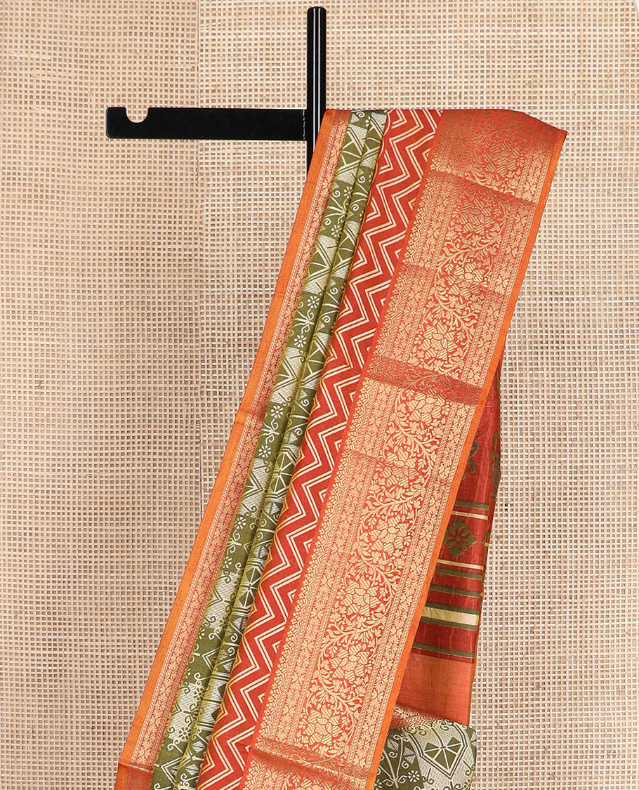 Olive green intricately designed semi-banaras patola silk saree, contrast floral creeper zari design border, and pallu of chevron and floral designs