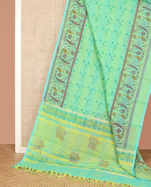 Green Chirala Cotton Saree, Prettified with Triangle and Crescent Motifs Printed  All Over Its Body, Vibrantly Printed Border of Floral and Peacock Designs, Subtly Block Printed Pallu, and Paired with a Contrast Blouse