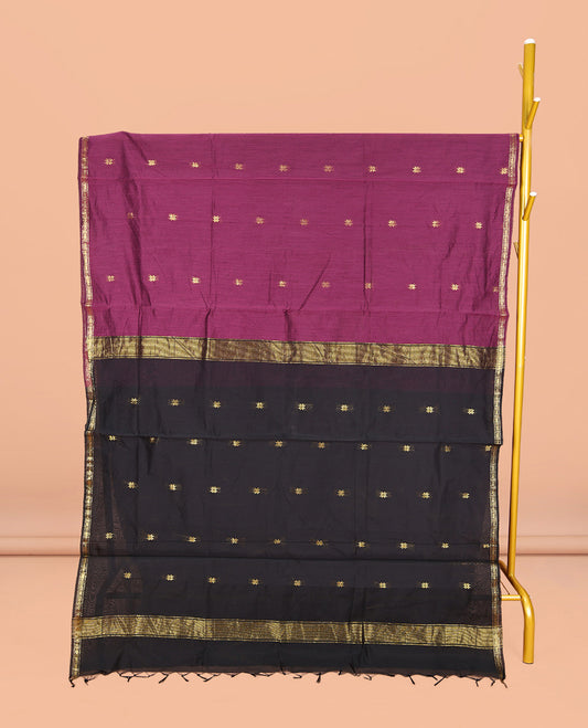 Purple Maheshwari Cotton Saree, Woven with Buttas All Over Its Body, Subtle Zari Piping Border, Complemented by a Contrast Pallu Steeped with Buttas, and Paired with a Contrast Blouse