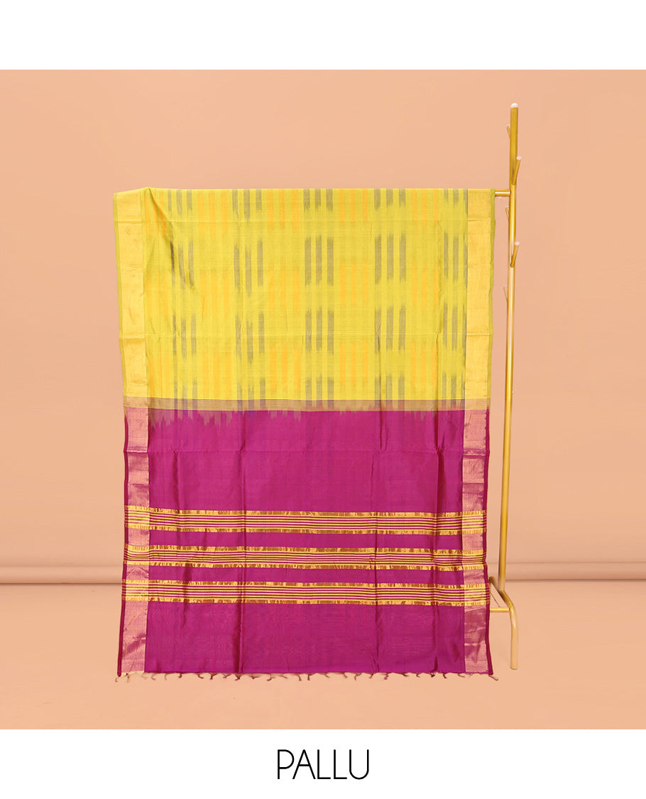 Yellow-Purple Poly Cotton Saree, Subtly Sparkled with Buttas all over its Body, a Subtle Border, Complemented by Contrast Pallu of Stripes, and Paired with a Contrast Blouse