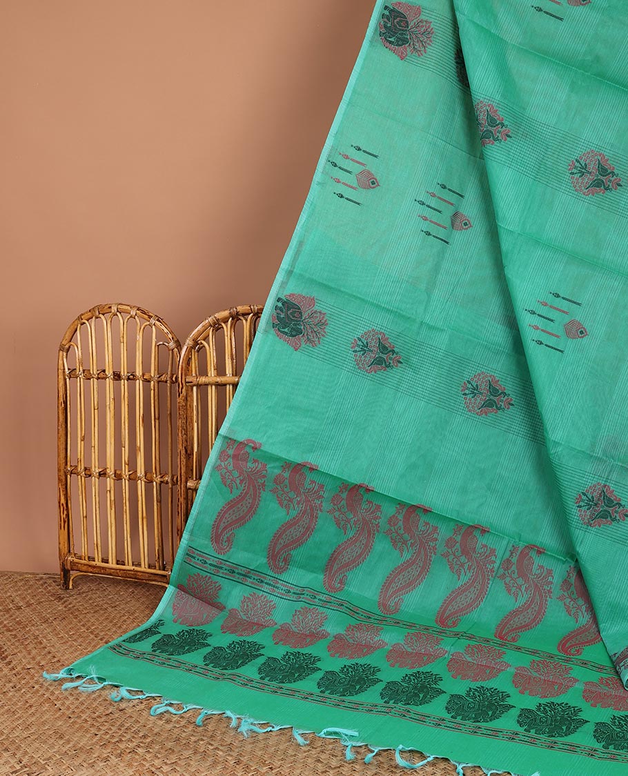 Borderless blue-striped Coimbatore cotton saree, pallu of peacock design