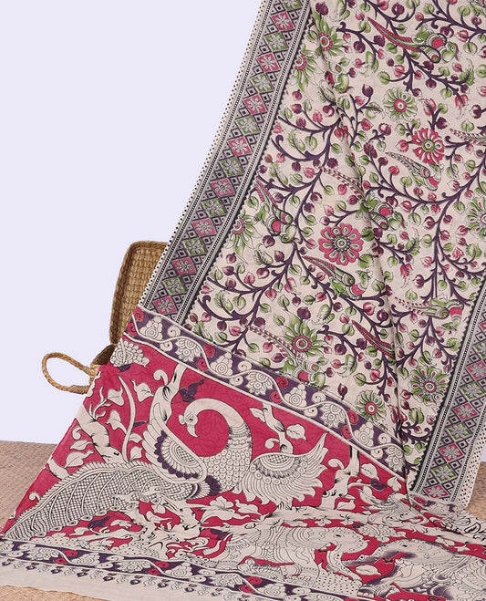 Cream floral vine design machine-printed kalamkari cotton saree with contrast geometric border & floral, animal design pallu