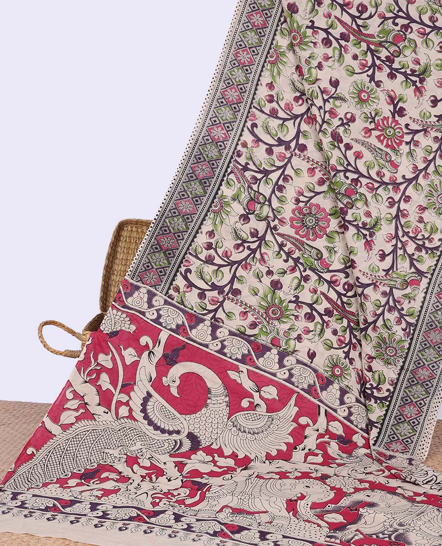Cream floral vine design machine-printed kalamkari cotton saree with contrast geometric border & floral, animal design pallu