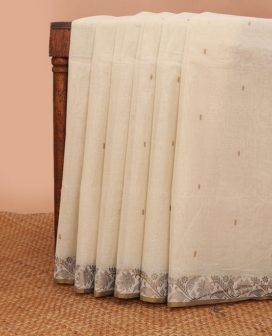 Cream buttas Bengal cotton saree, contrast floral creeper thread border & pallu of buttas & stripes