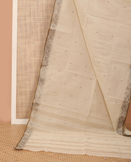 Cream buttas Bengal cotton saree, contrast floral creeper thread border & pallu of buttas & stripes
