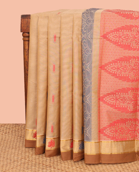 Sandal Kanchi Cotton Saree, Graced with Thread Buttas All Over Its Body, Complemented by Contrast Zari-Thread Work Border, Pallu Featuring Intricate Designs, and Paired with a Matching Blouse