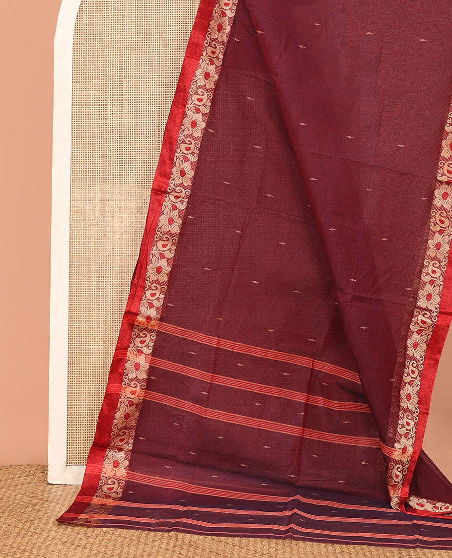 Maroon Bengal Cotton Saree, Sparsely Threaded with Buttas, a Contrast Floral-Paisley Border, Striped Pallu, and No Blouse