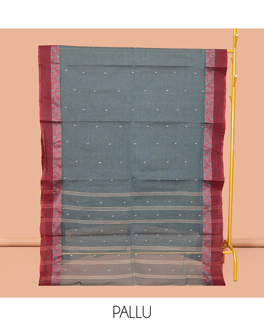 Grey Bengal Cotton Saree, Featuring Buttas, Contrast Floral Creeper Border, a Pallu of Stripes and Buttas, and a Matching Blouse