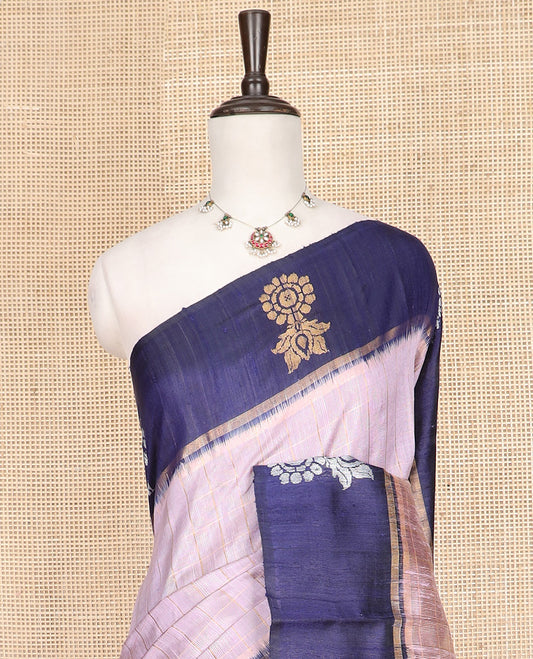 Lavender Dupion Silk Saree Subtly Sparkled with Checks, Complemented by a Contrast Border of Floral Designs, Pallu Beautified with Floral Jaal Designs, and Paired with a Contrast Blouse