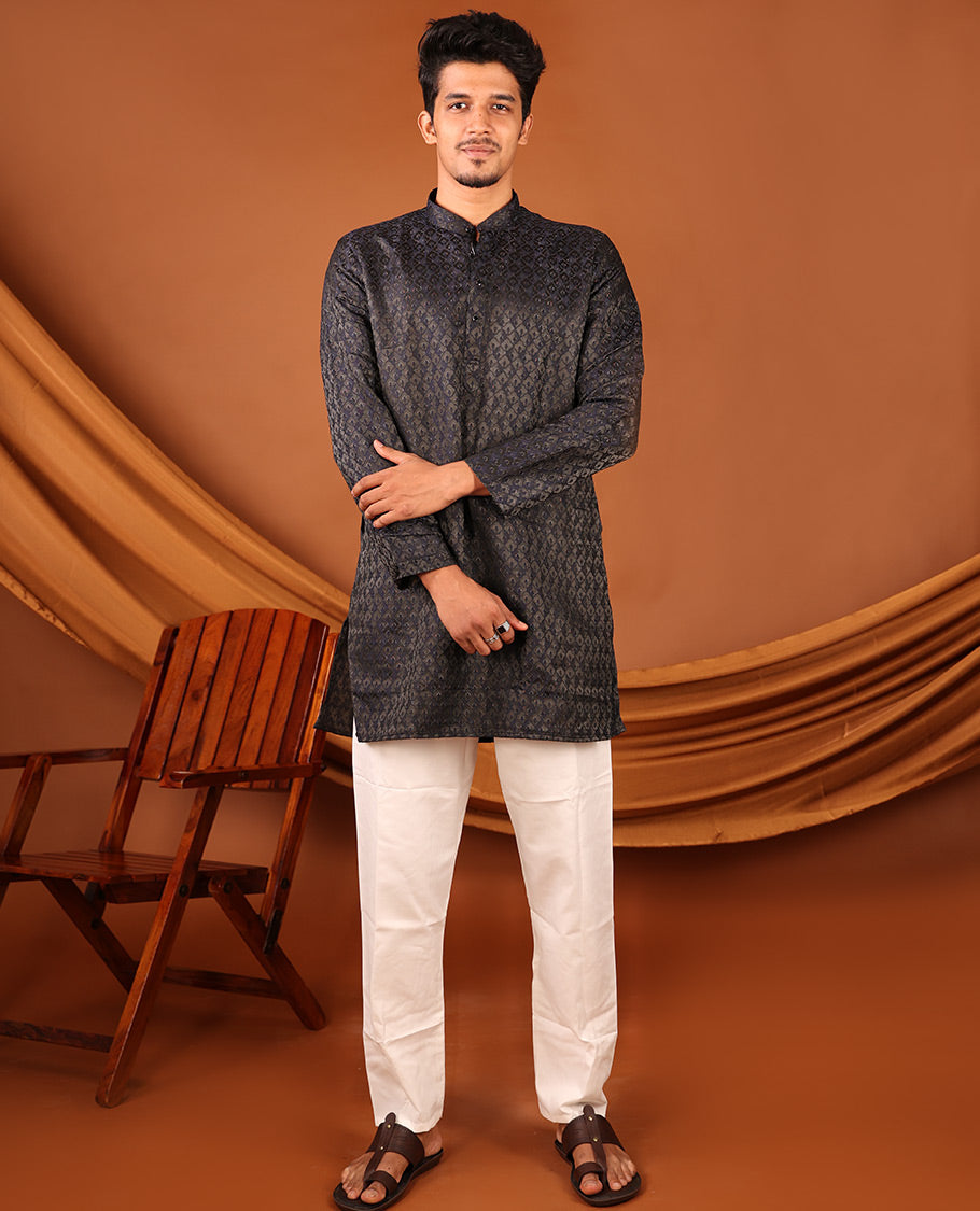 Black Mughal-Style Jaal Design Full-Sleeved Men's Kurta