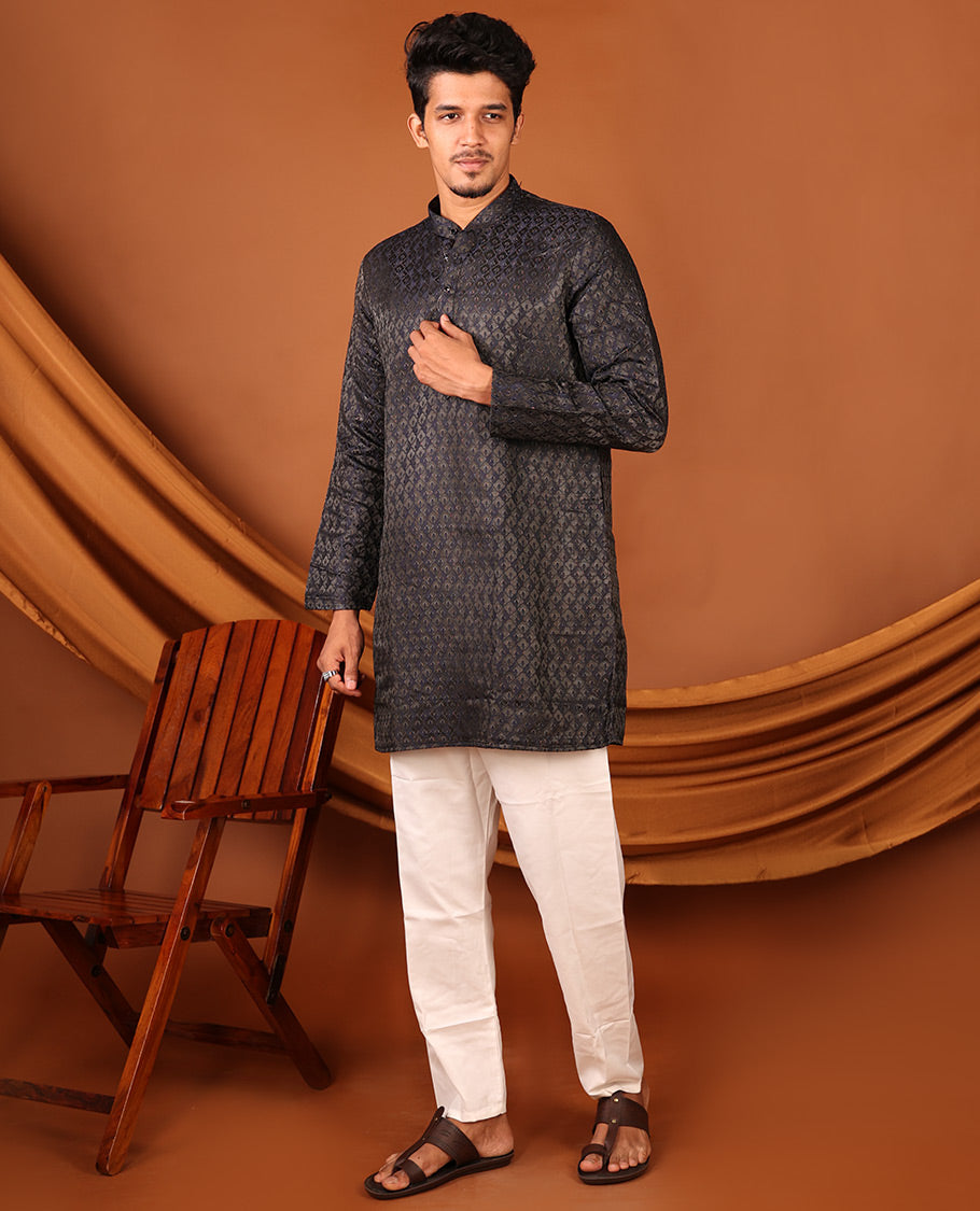 Black Mughal-Style Jaal Design Full-Sleeved Men's Kurta