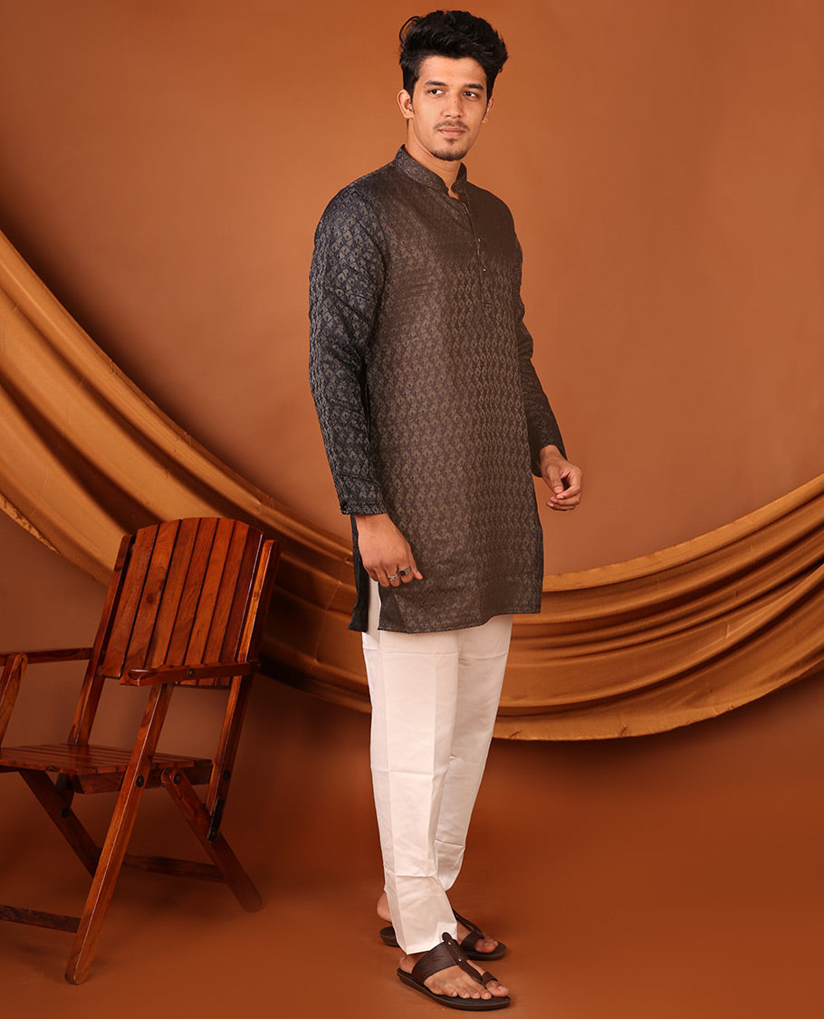Black Mughal-Style Jaal Design Full-Sleeved Men's Kurta