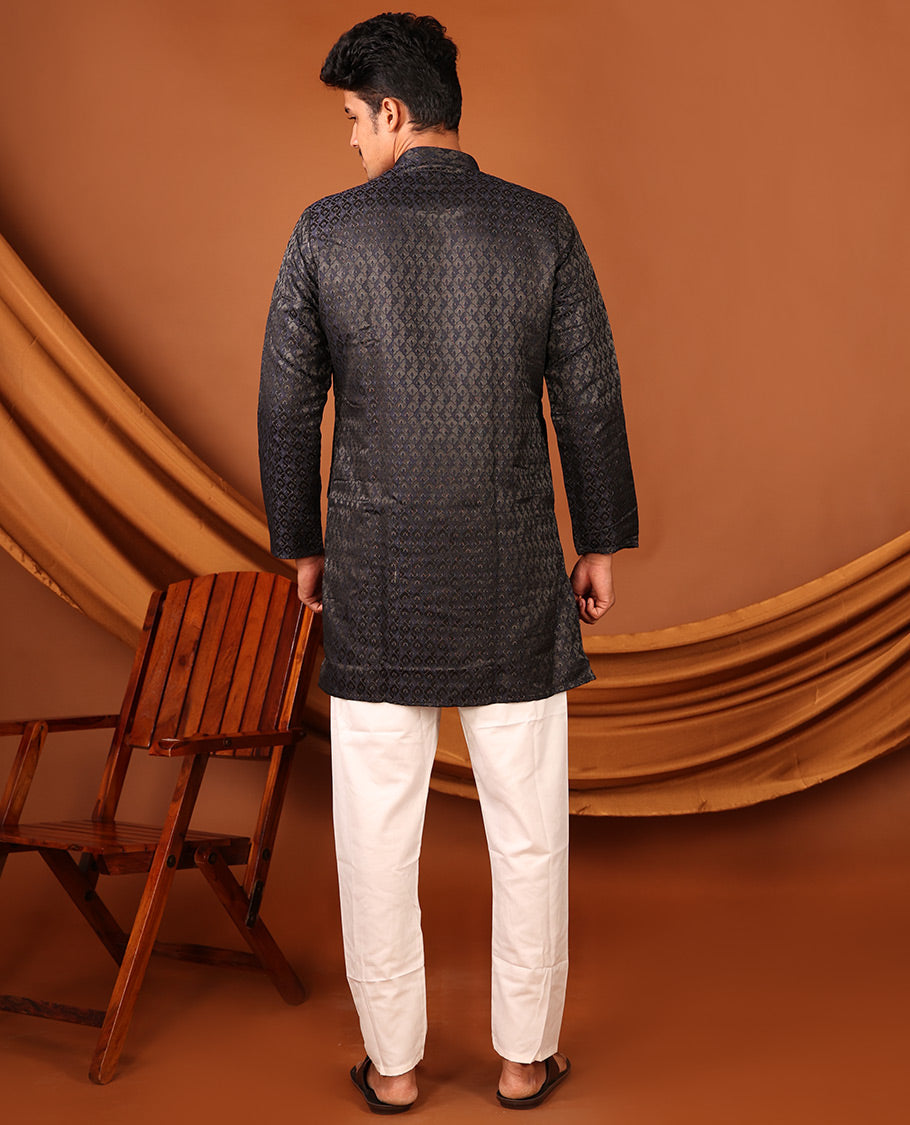 Black Mughal-Style Jaal Design Full-Sleeved Men's Kurta