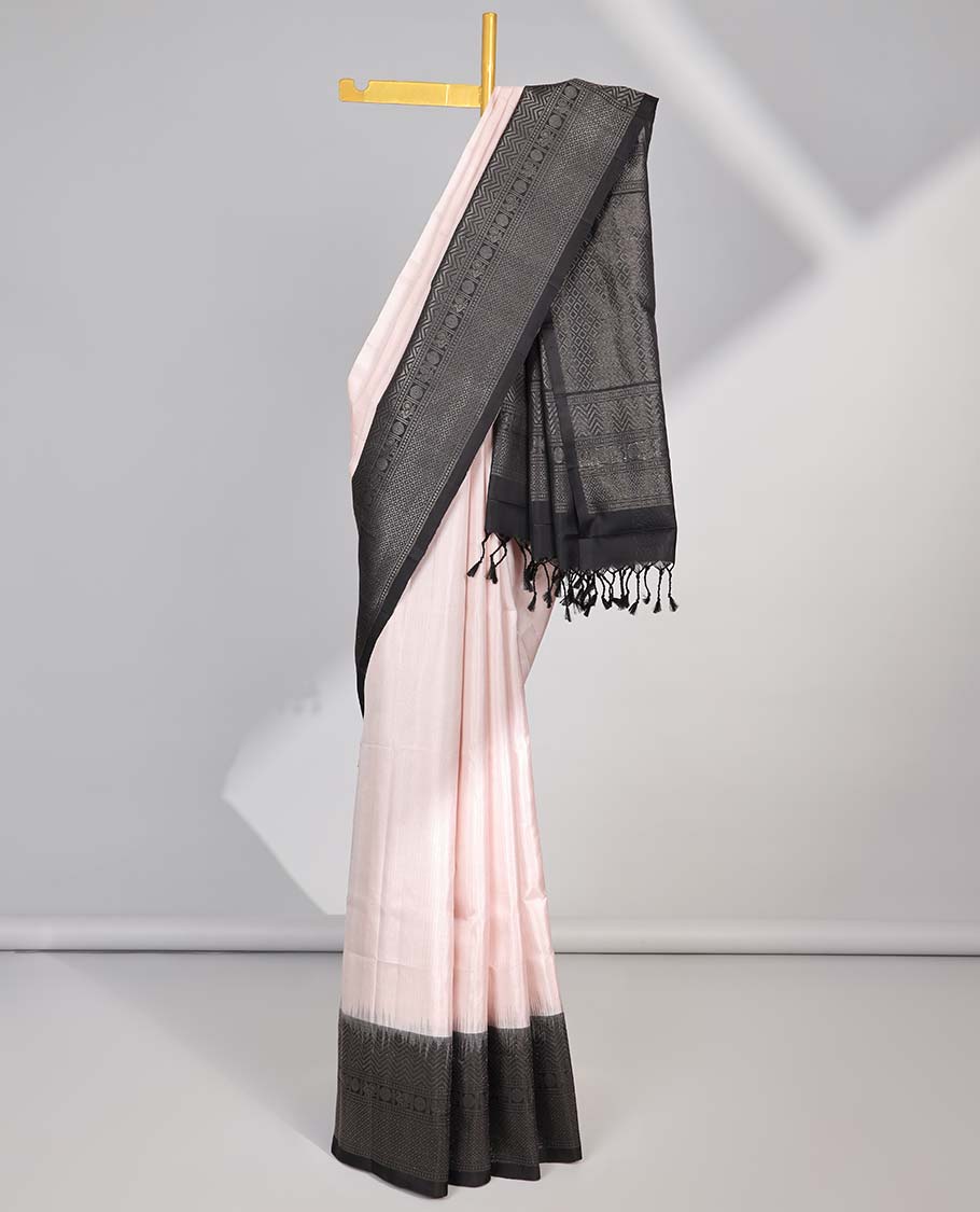 Pink soft silk saree with contrast geometric zari border & pallu argyle pattern