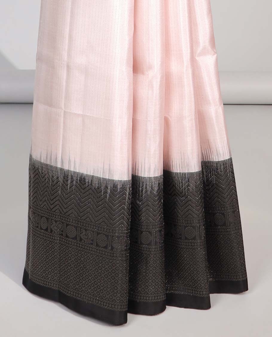 Pink soft silk saree with contrast geometric zari border & pallu argyle pattern