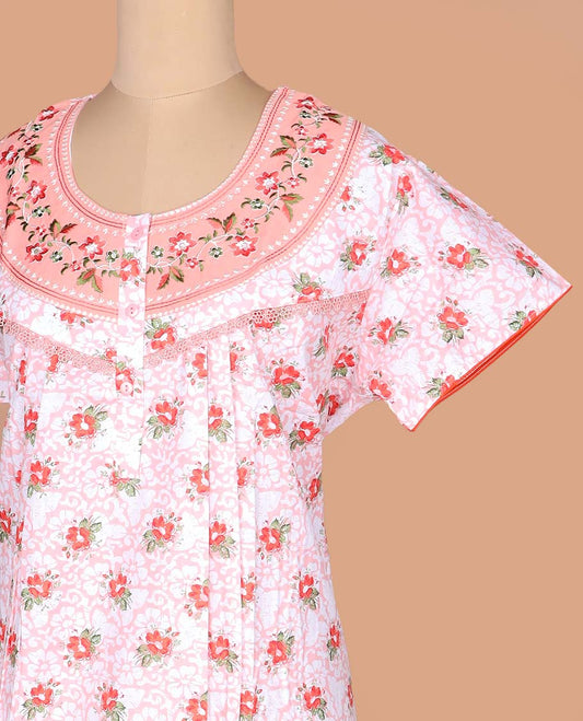 White floral printed with round neck embroidered half-sleeve cotton nighty