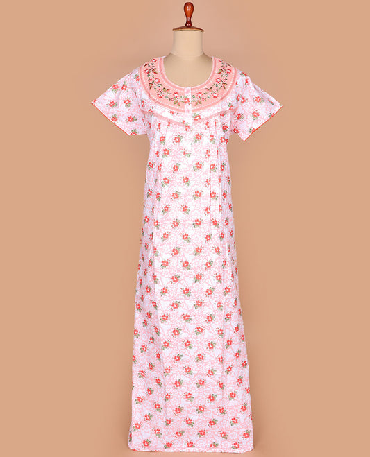 White floral printed with round neck embroidered half-sleeve cotton nighty