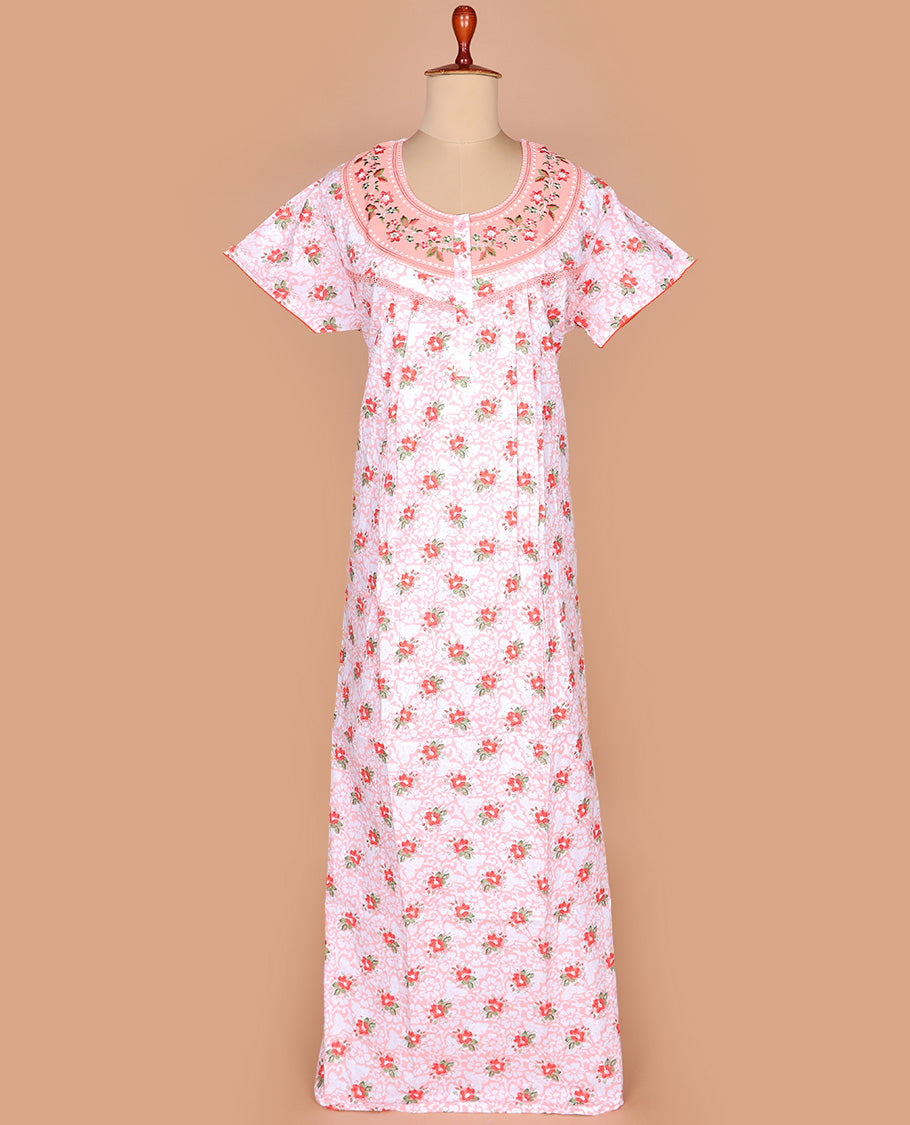 White floral printed with round neck embroidered half-sleeve cotton nighty