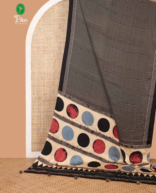 Black striped printed satincrepe saree with self striped border & printed pallu along with ajrakh printed blouse