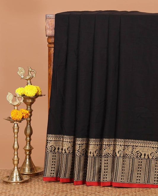Black plain masraise cotton saree, contrast border of elephant, peacock & geometric design & lining seer pallu